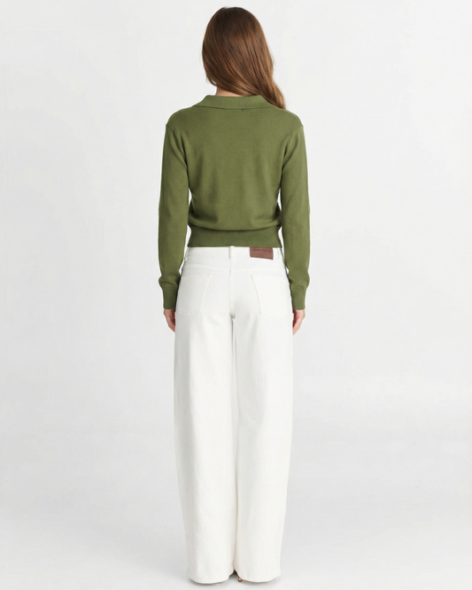 Margot | Olive Green Effortless Collared Knit Polo Jumper