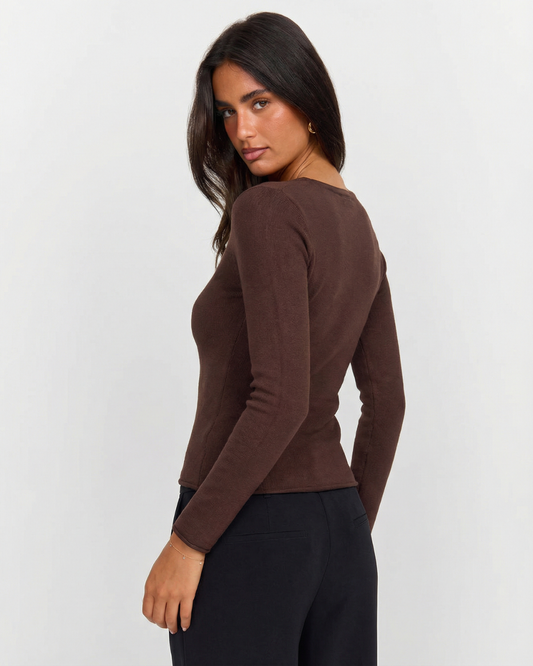Fawn | Ruched Long Sleeve Top Brown V Neck