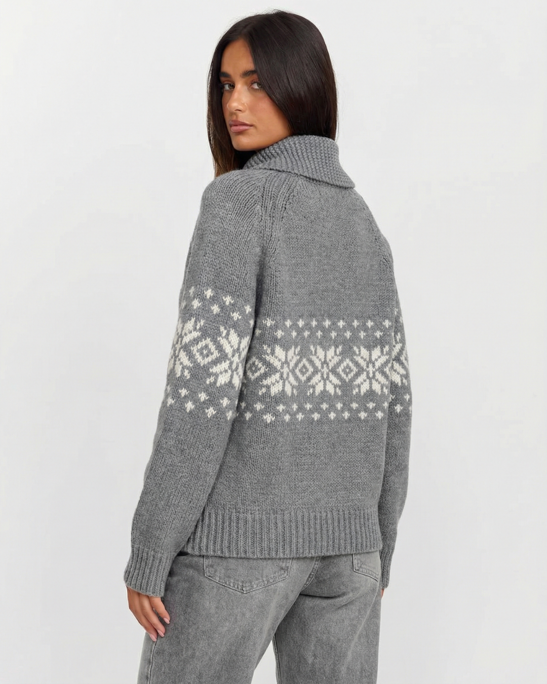 Lux | Winter Snowflake Zip Cardigan Grey White Knitted