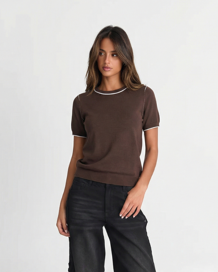 Briar | Knitted Top Brown Short Sleeve Crew Neck Contrast Trim