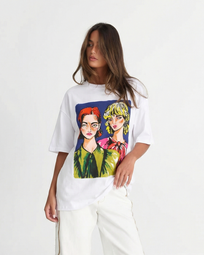 Stella | Graphic Tee White Printed Pop Art Portrait