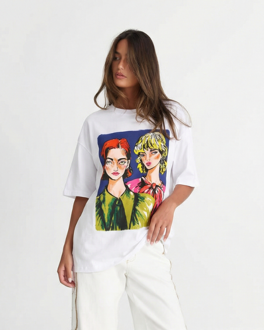 Stella | Graphic Tee White Printed Pop Art Portrait
