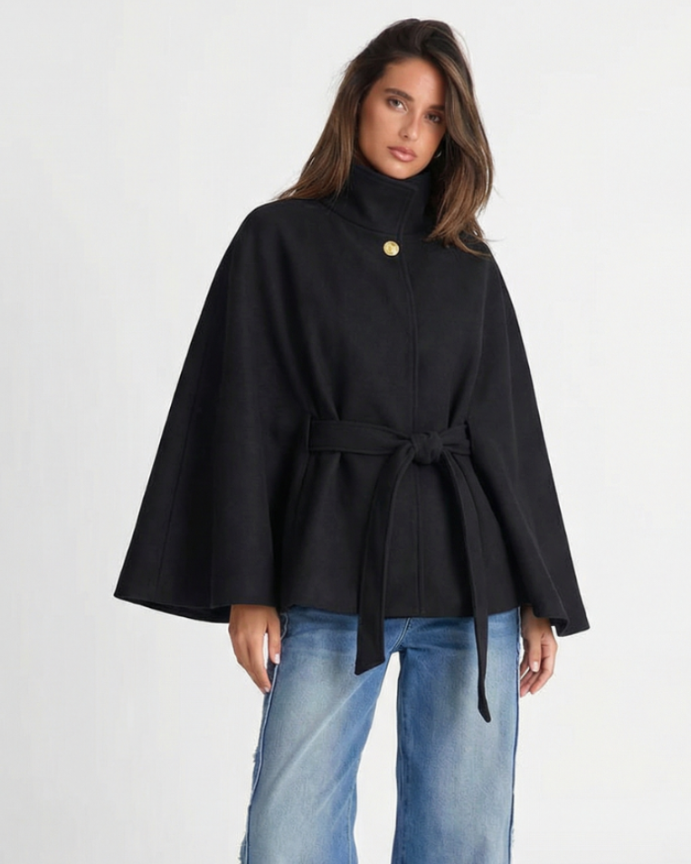 Esme | Black Jacket Belted High Neck Oversized Cape