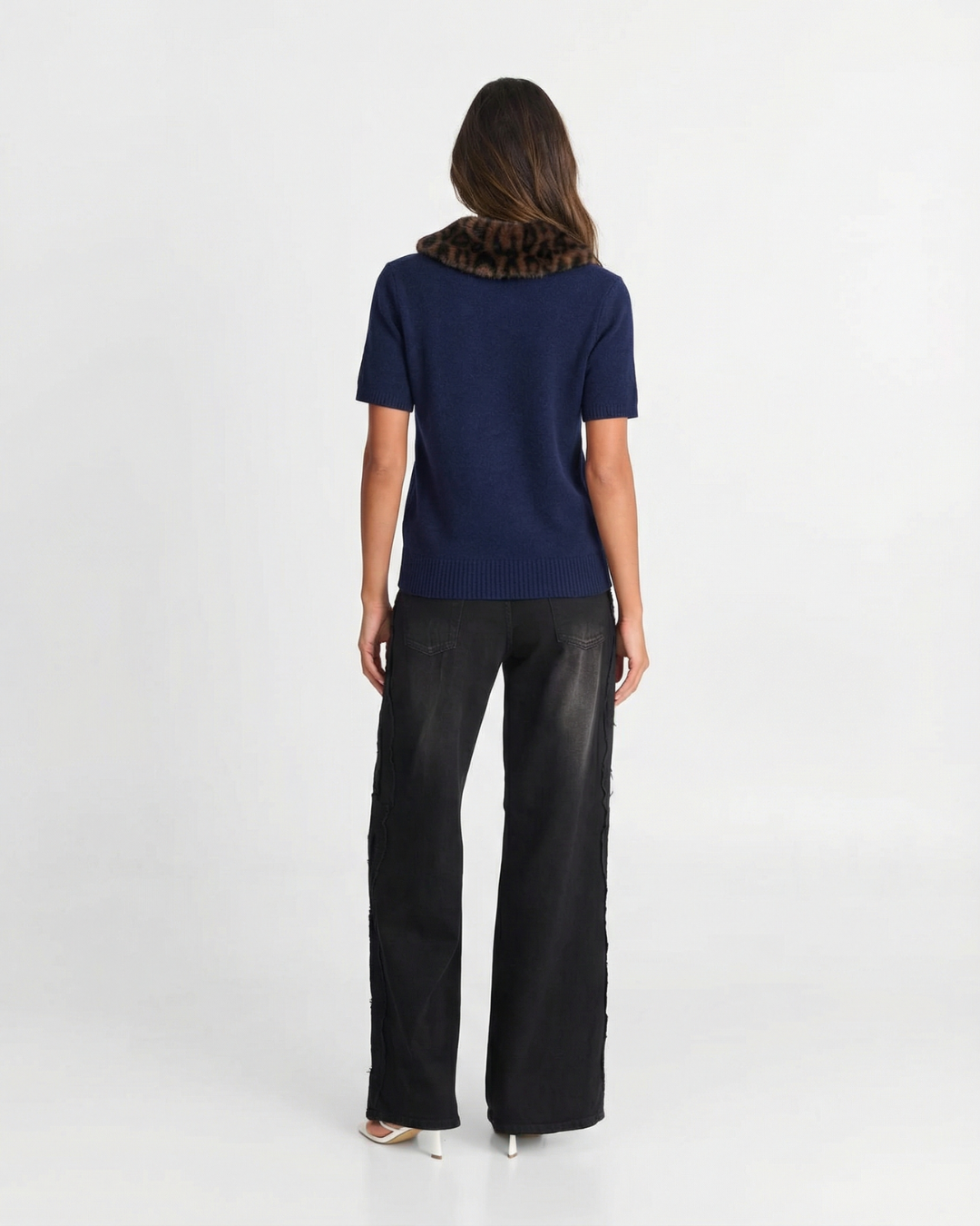 Mira | Knitted Top Navy Short Sleeve Faux Fur Collar Leopard Print Cardigan