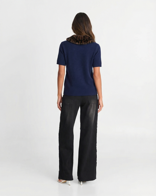 Vera | Cropped Button Up Sweater Navy Short Sleeve Faux Fur Collar