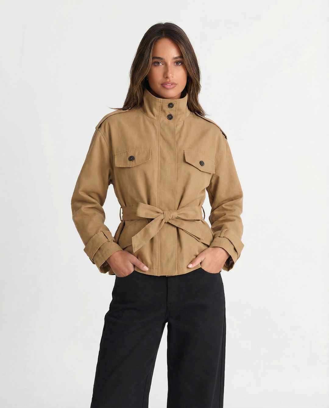Margot | Belted Cropped Utility Jacket Camel High Neck
