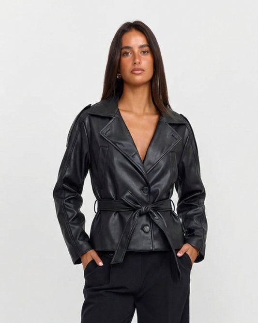 Vera | Belted Faux Leather Jacket Black Long Sleeve Fitted