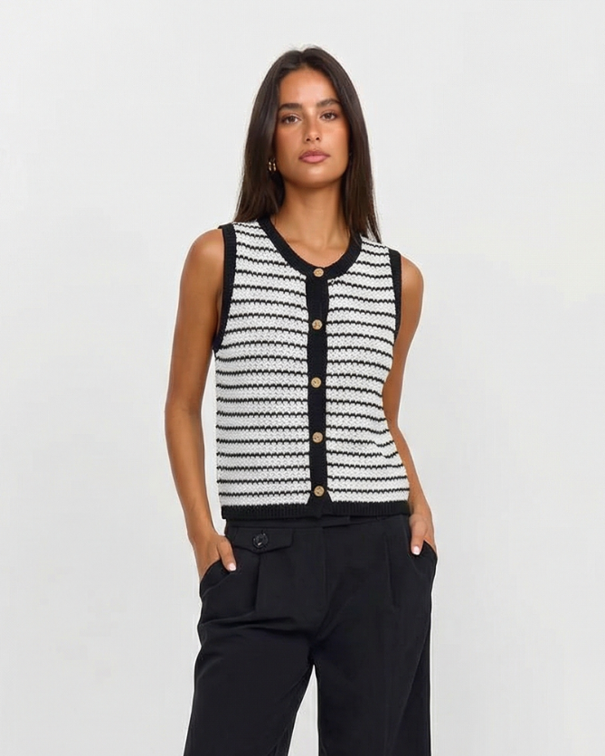Faye | Striped Knit Vest Cardigan Black White Button Front Sleeveless