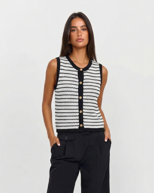 Faye | Striped Knit Vest Cardigan Black White Button Front Sleeveless
