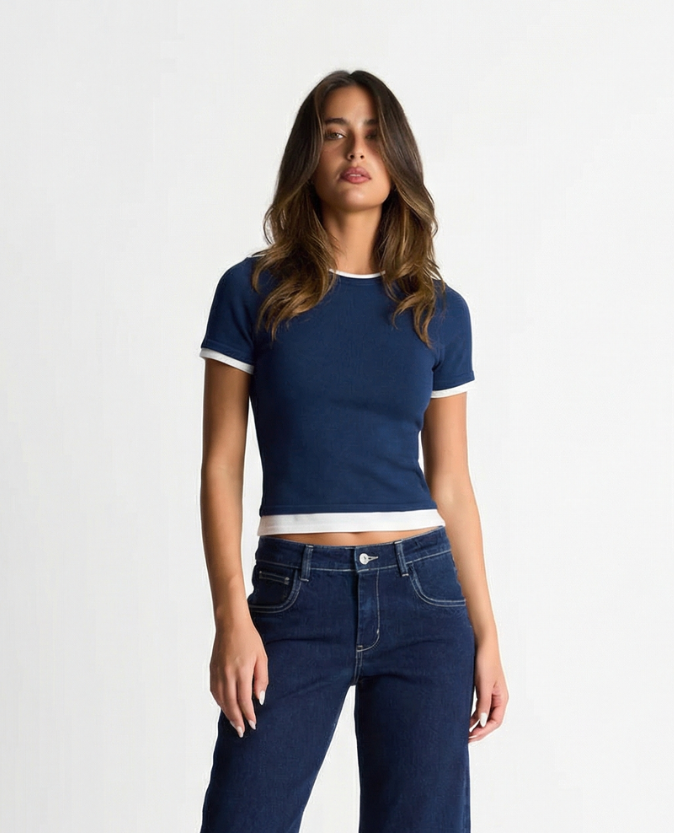 Thea | Cropped Fitted T Shirt Navy White Trim