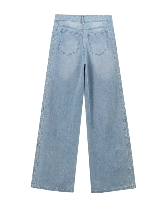 Vera | High Waisted Wide Leg Jeans Light Blue Studded