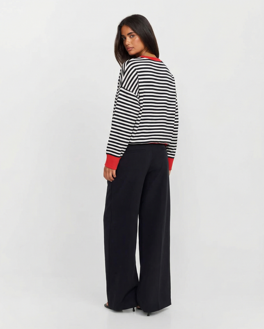 Lara | Striped Long Sleeve Top Red Trim Oversized Crew Neck Cotton