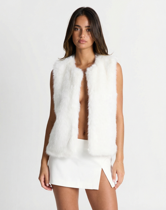 Camille | Fluffy Faux Fur Vest White Sleeveless