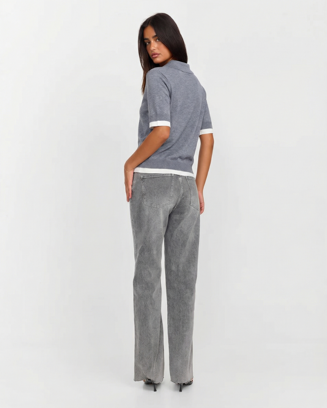 Amelia | Grey Knit Short Sleeve Polo with Contrast Trim