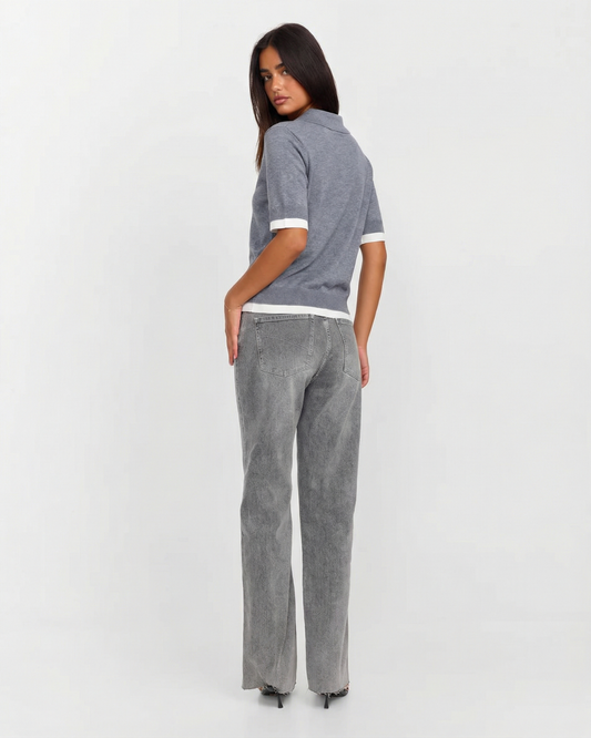 Amelia | Grey Knit Short Sleeve Polo with Contrast Trim