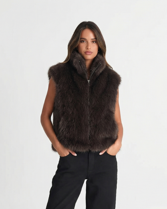 Margot | Faux Fur Vest Black Zip Up Collar