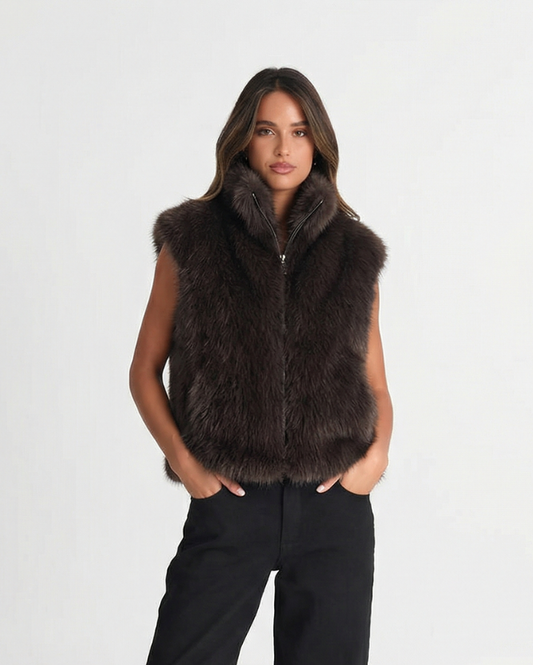 Margot | Faux Fur Vest Black Zip Up Collar