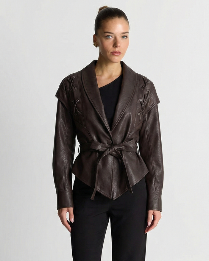 Thea | Faux Leather Jacket Brown Belted Shawl Collar