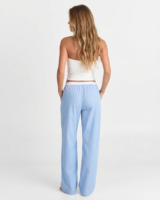 Margot | Striped Wide Leg Pants Light Blue Button Front