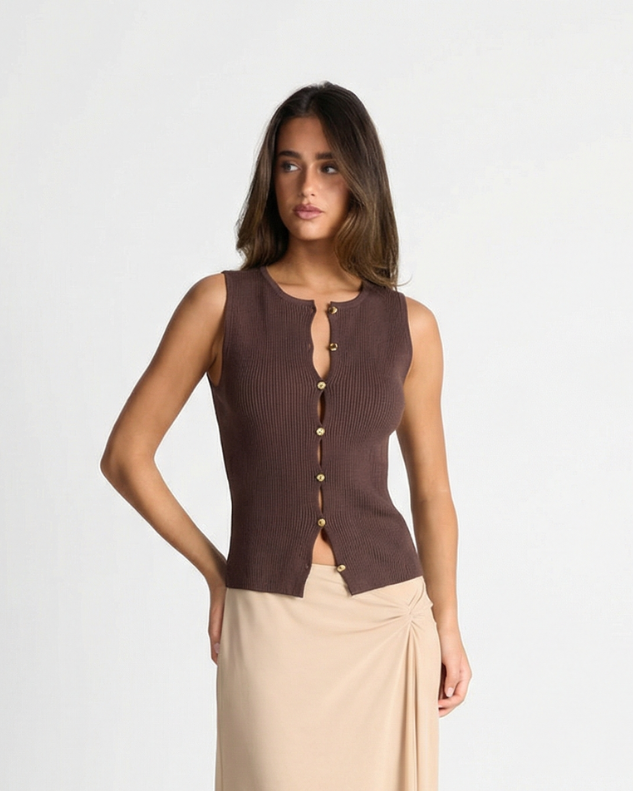 Vera | Ribbed Knit Sleeveless Cardigan Brown Button Front