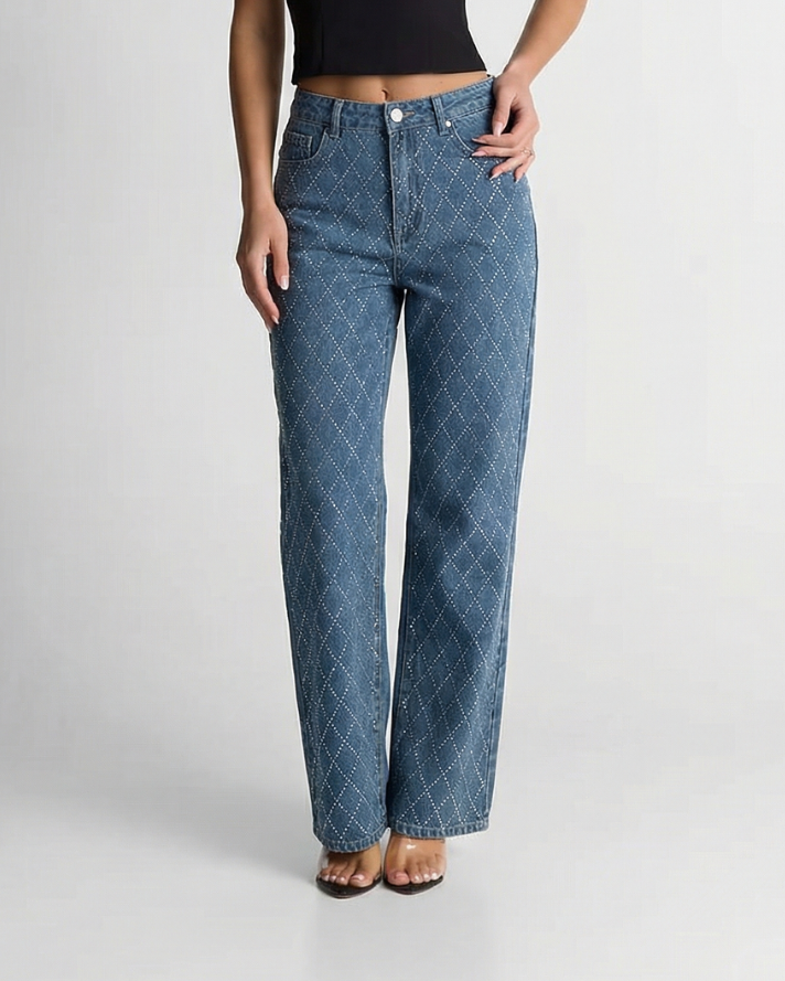 Vera | High Waisted Wide Leg Jeans Light Blue Embellished