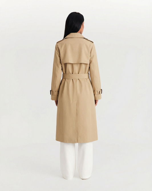 Kira | Elegant Double Breasted Trench Coat Cream Belted Long