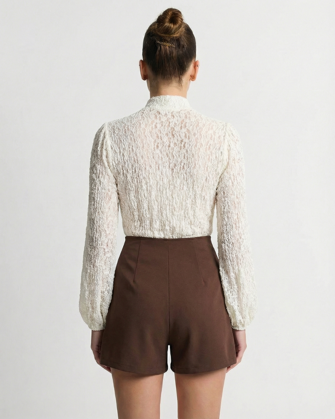 Lena | Elegant Tie Neck Cream Shorts Set Brown Pleated
