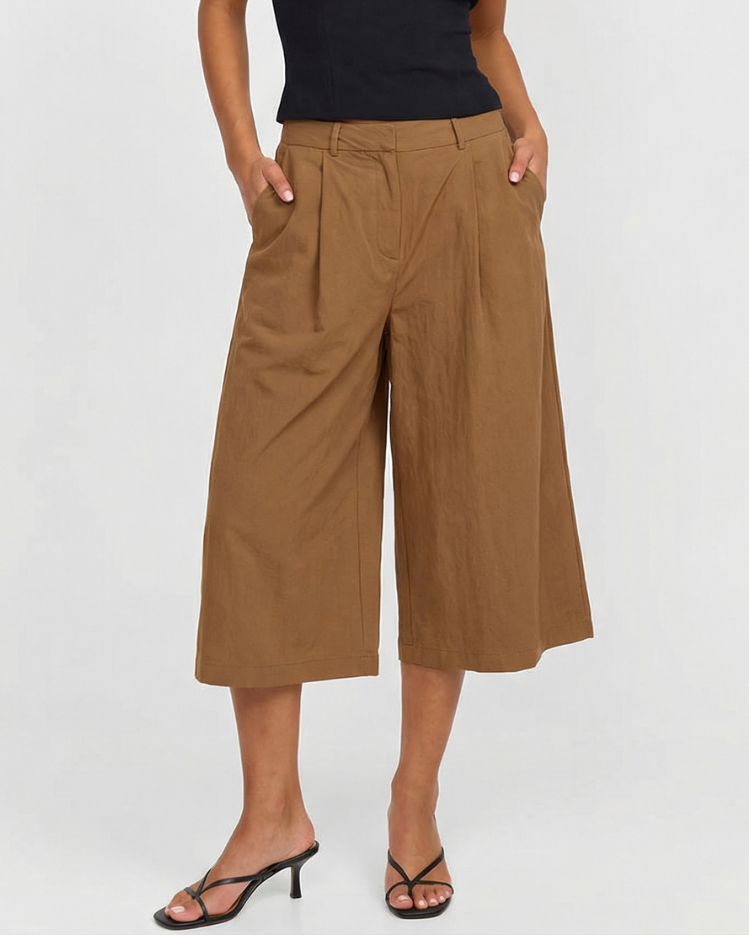Ivy | High Waisted Wide Leg Culottes Brown Pleated Tailored