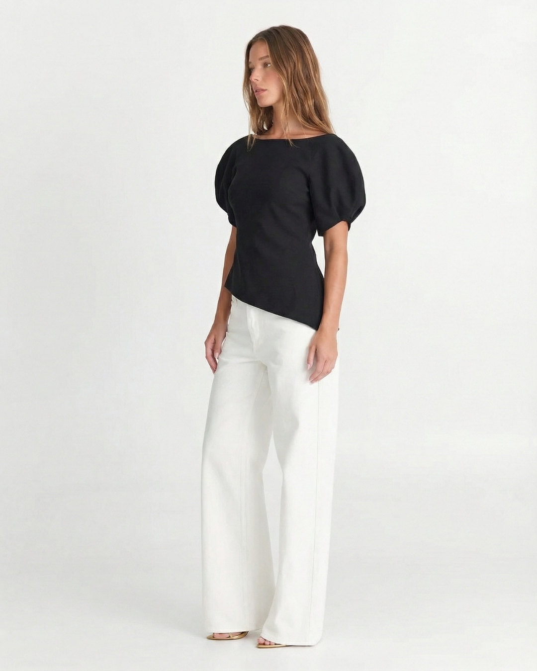 Ada | Asymmetric Top Black Puff Sleeve Short Sleeve