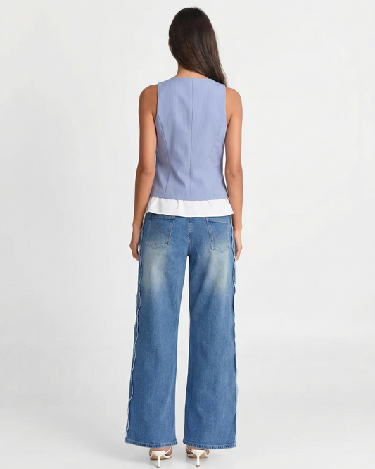 Noa | Smart Casual Vest Top Blue Ribbed Sleeveless Button Front V Neck