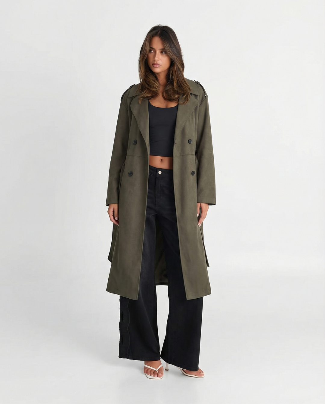 Darcy | Casual Double Breasted Longline Coat Khaki
