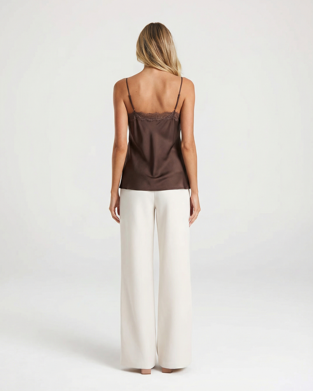 Mila | Elegant Cami Top Brown Satin Lace Trim V Neck