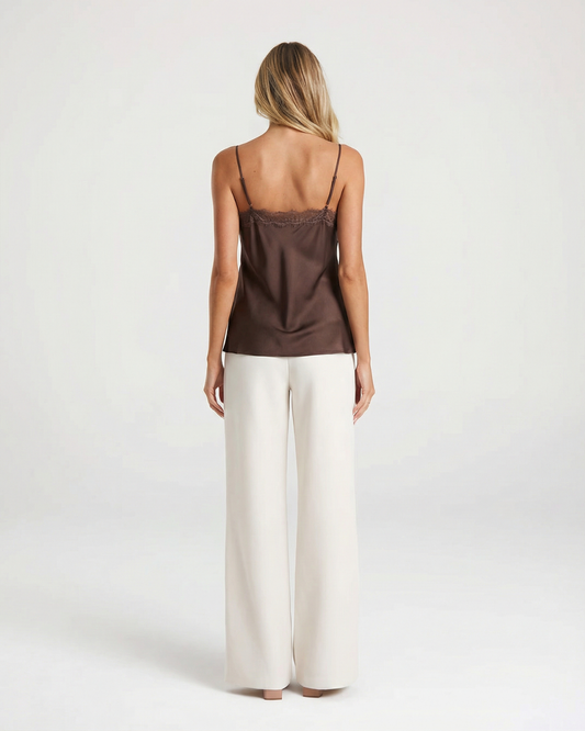 Mila | Elegant Cami Top Brown Satin Lace Trim V Neck