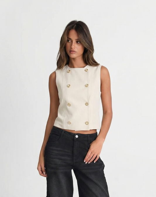Margot | Cropped Double Breasted Vest Cream Sleeveless