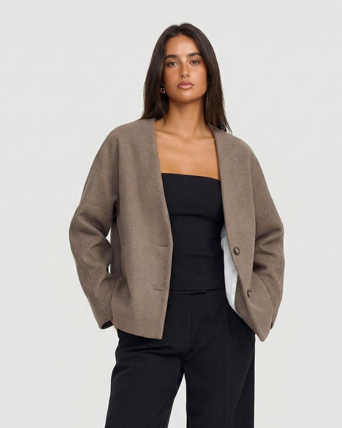 Margot | Collarless Blazer Brown Cropped Oversized