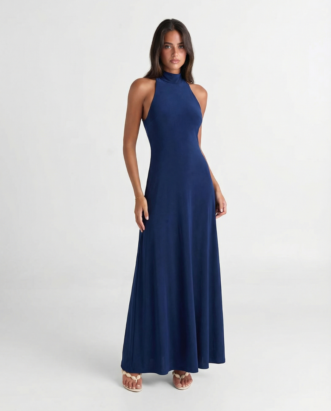 Lucia | Elegant High Neck Maxi Dress Navy