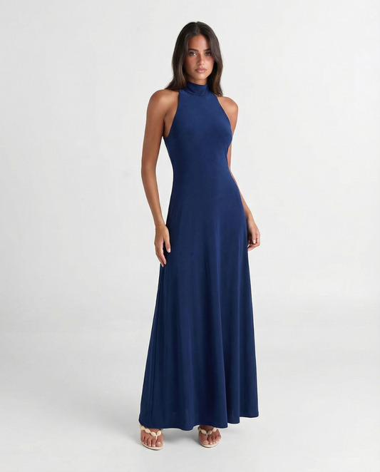 Lucia | Elegant High Neck Maxi Dress Navy