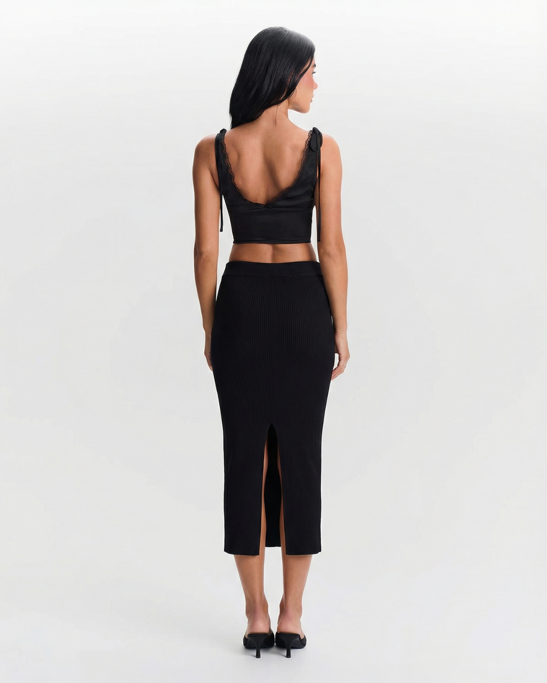 Faye | Knitted Midi Skirt Black Ribbed Bodycon Fitted