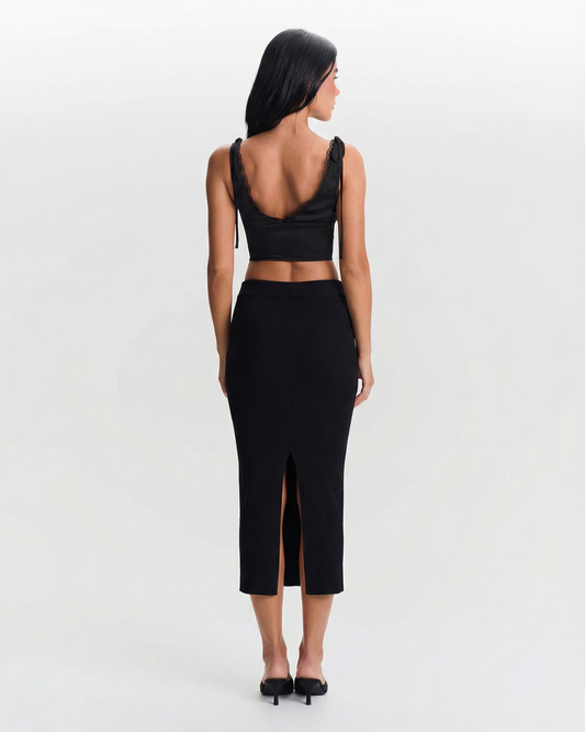 Fawn | Ribbed Midi Skirt Black Bodycon