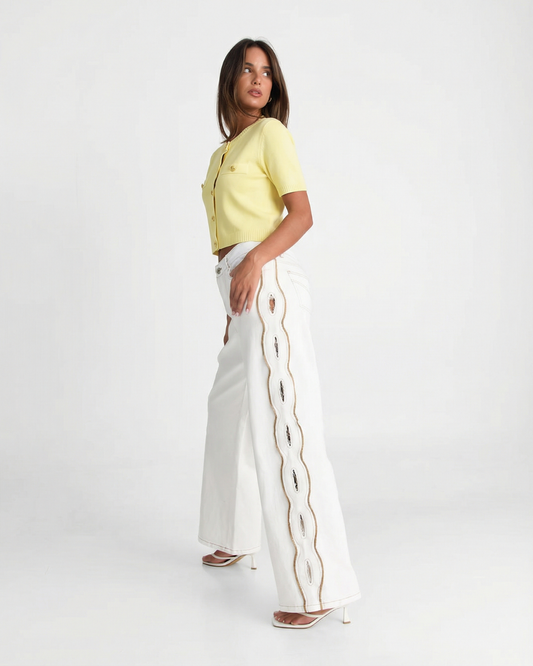 Ayla | Summer Knitted Cardigan Yellow Short Sleeve Cropped Gold Button