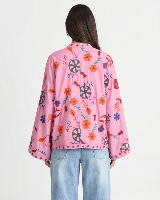 Xena | Pink Embroidered Kimono Jacket Satin Long Sleeve Printed Oversized
