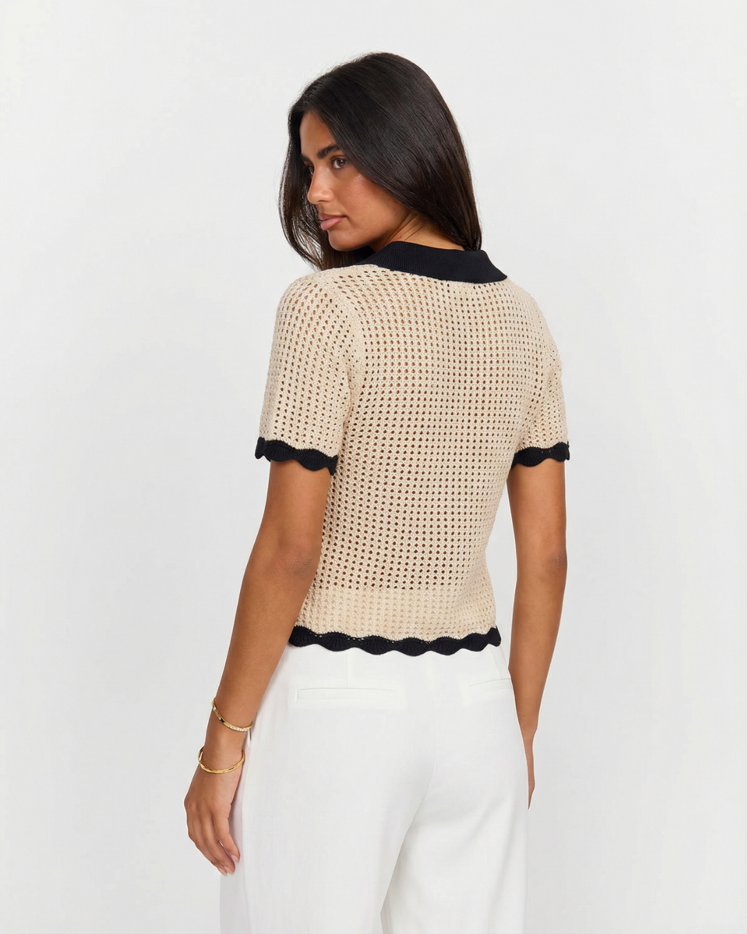 Vera | Coquette Crochet Knit Short Sleeve Tie Front Polo Cream