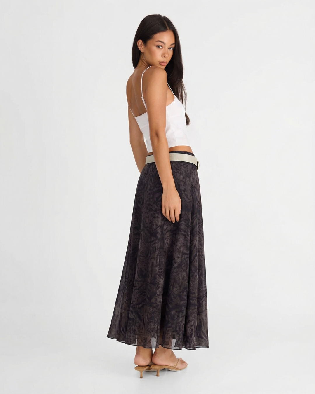 Ember | Pleated Midi Skirt Brown Printed Chiffon A Line