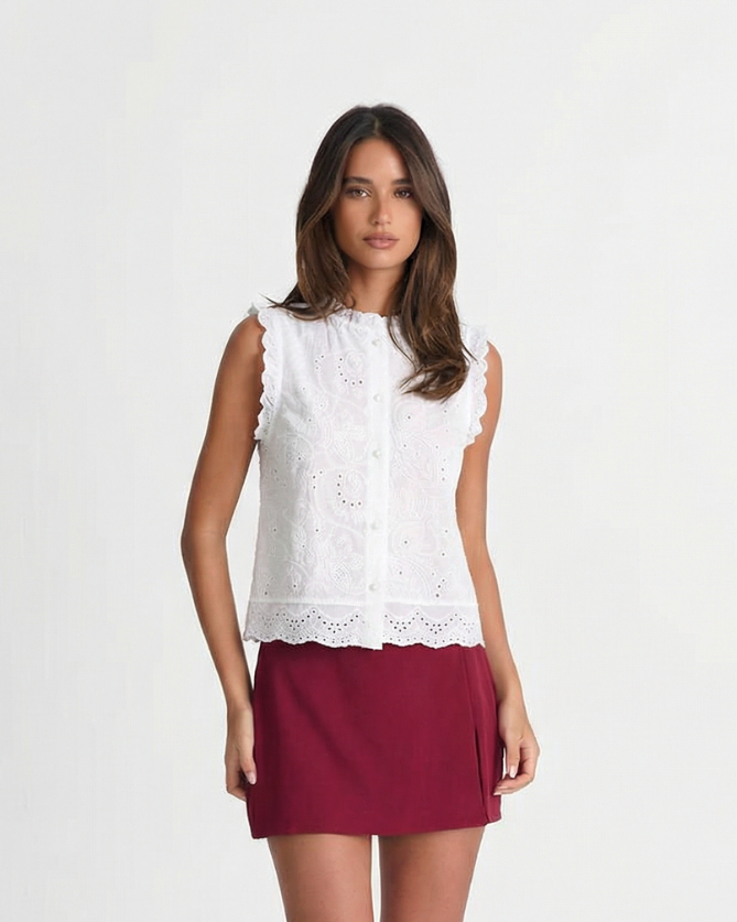 Margot | Eyelet Sleeveless Tank Top White Ruffled
