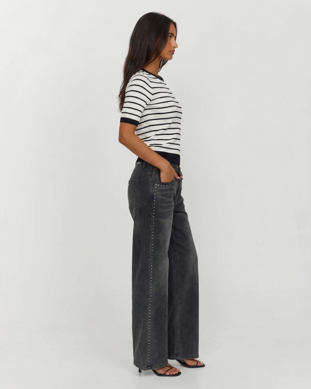 Rue | Striped Knitted Top Cream Black Short Sleeve Fitted