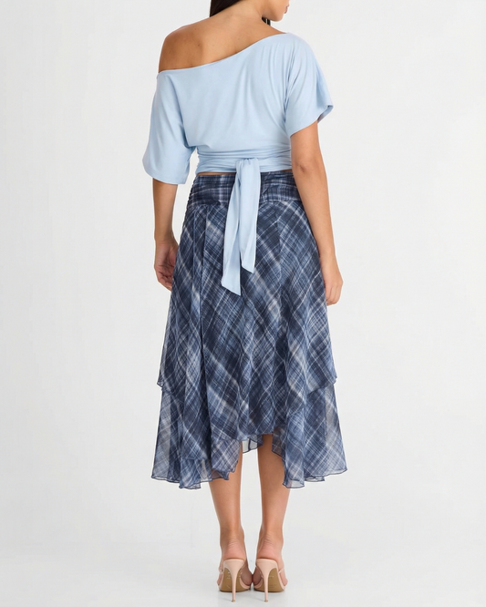 Yara | Midi Skirt Blue Check Asymmetric Hem Sheer Chiffon