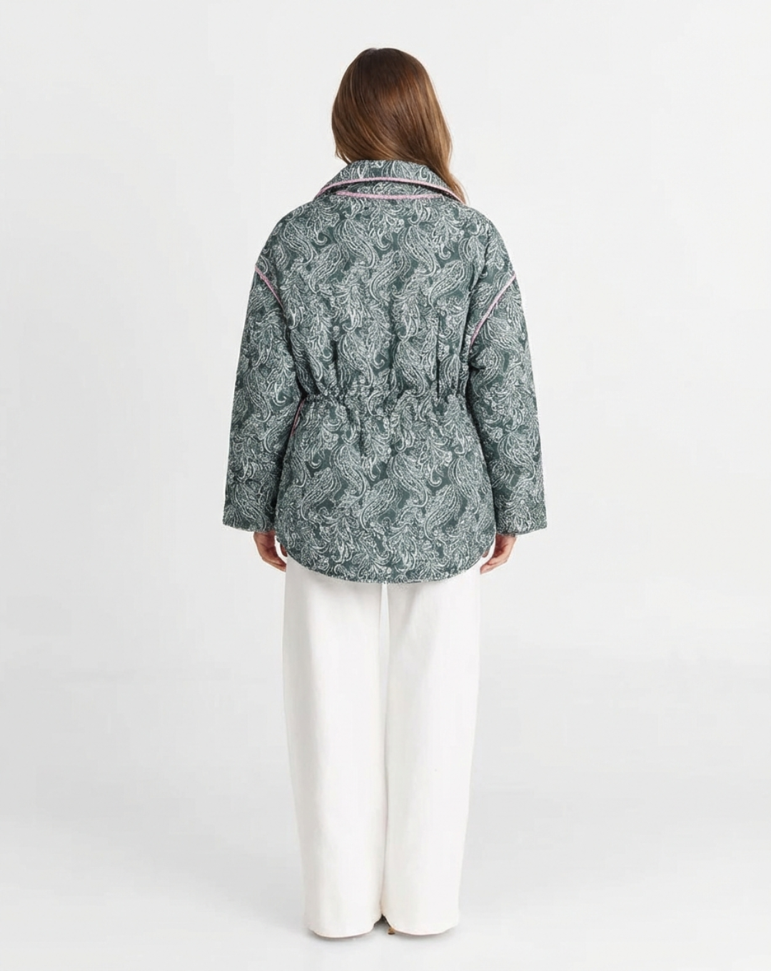 Rhea | Quilted Puffer Jacket Green Paisley Print Oversized Drawstring