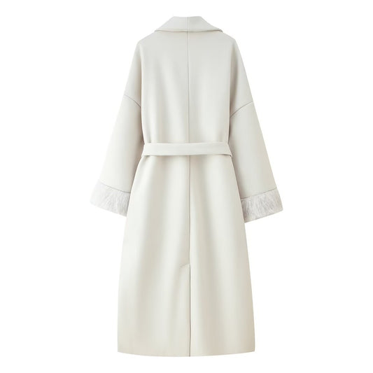Cora | Elegant Long Faux Fur Coat Cream Belted Cuff Detail