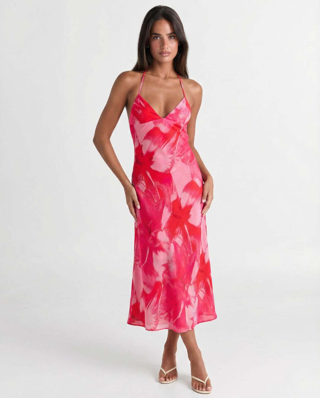 Coquette Printed Midi Dress Pink Halter