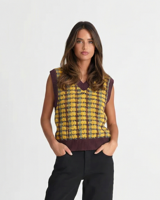 Thea | Preppy Check Sweater Vest Yellow Purple V Neck